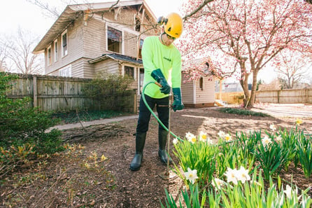 a carolina tree care crew member treating a yard with soil-injections